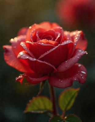 The primary subject of the image is a single red rose. The rose is the main focus of the image, and it is displayed against a backdrop of a garden setting. The visual style of the image is a photo, capturing the beauty of the rose in its natural environment. The dominant colors in the image are red and orange, creating a warm and vibrant atmosphere.